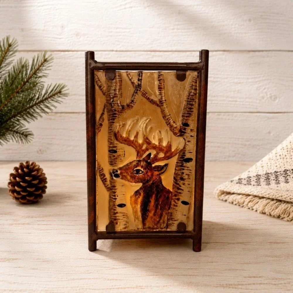 Vintage‎ Hand Painted 3D Glass Deer Votive Candle Holder Rustic Lodge Lantern